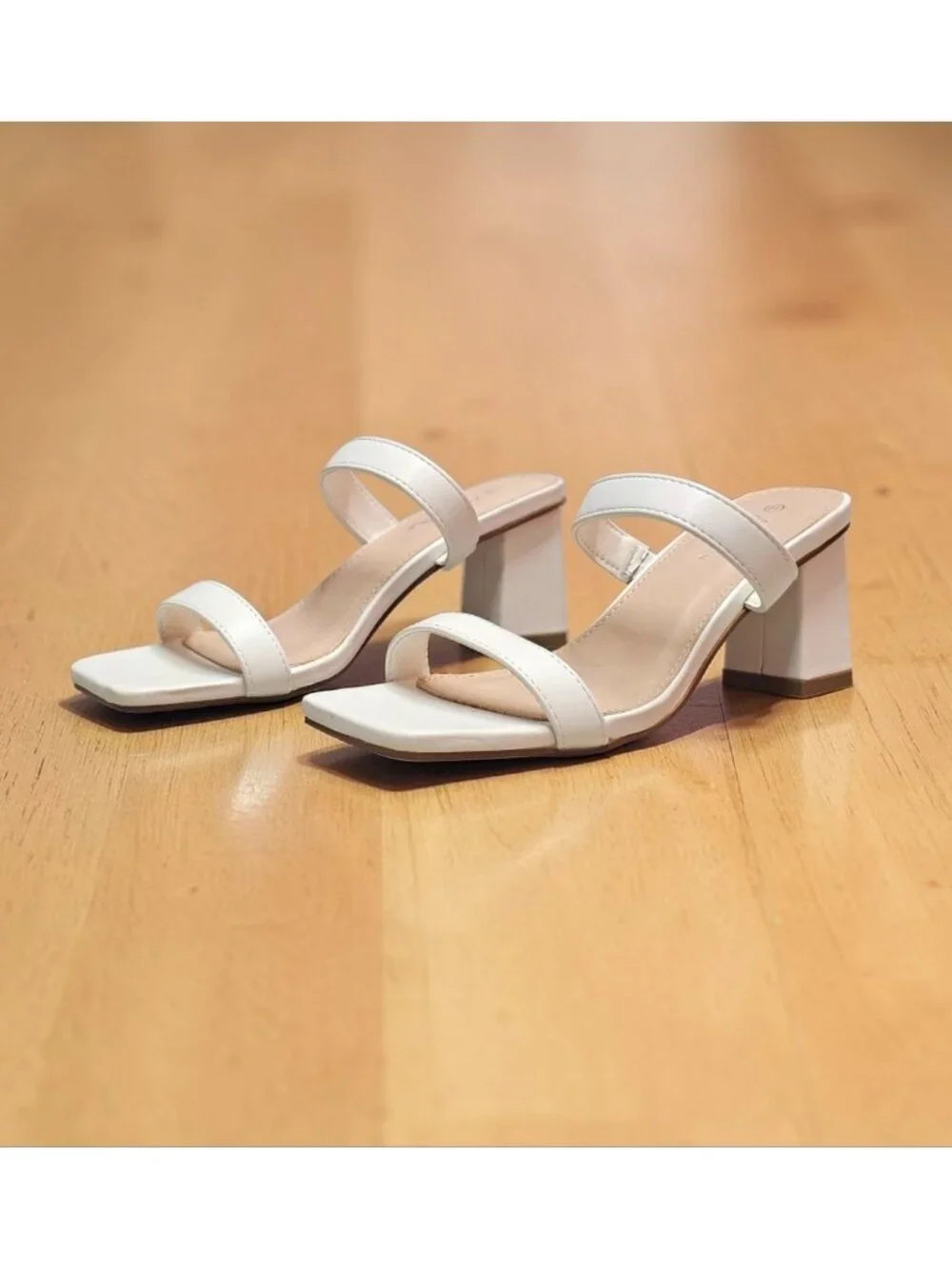 White Faux Leather Block Heel Sandals With Double Straps & Square Toe For Women